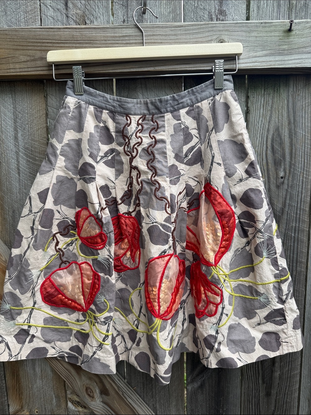 Anthropologie Floreat Glowing Leaf Sequin Embroidered Floral Skirt